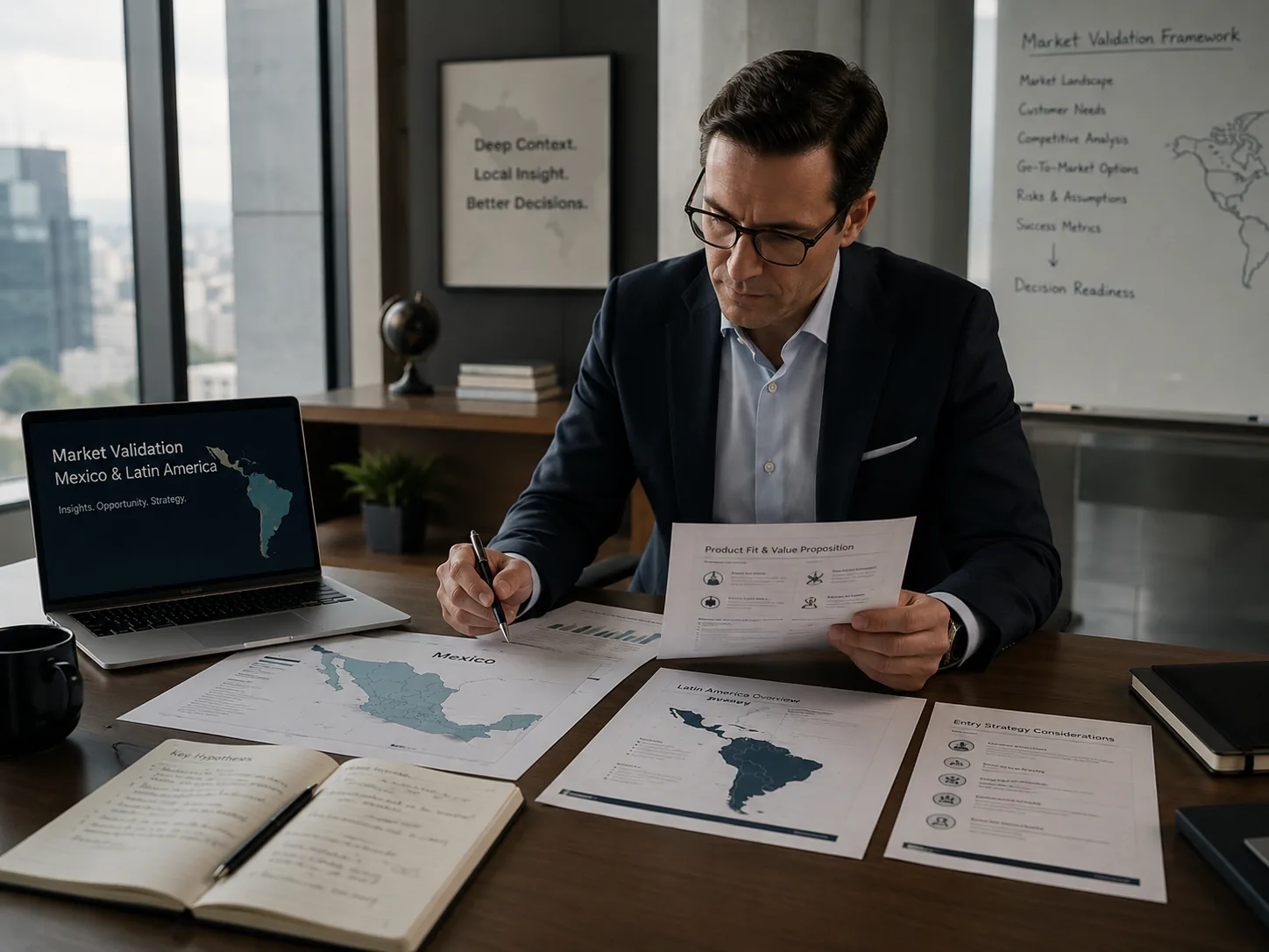 Executive reviewing Mexico and Latin America market validation materials